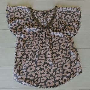 Express Sequin Vneck Brown Animal Print Short Sleeve Shirt Small S
